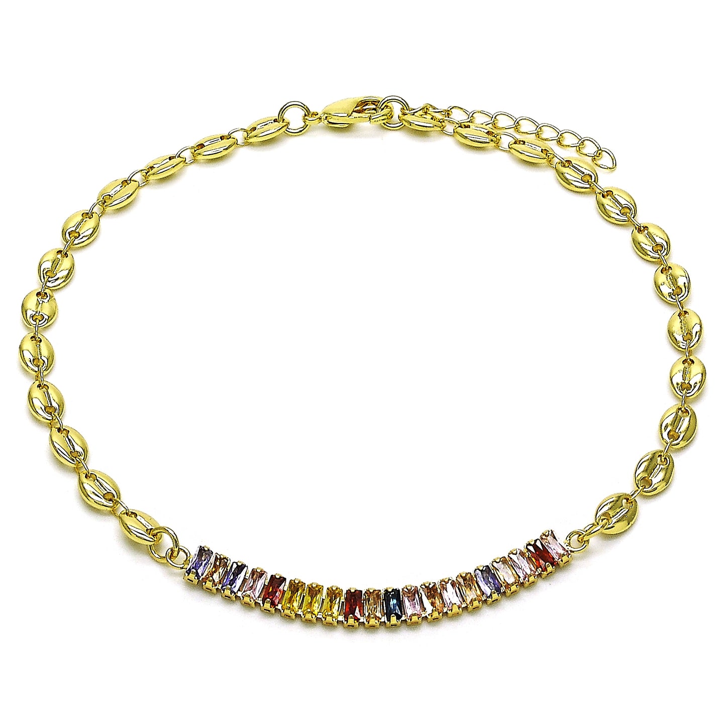 Oro Laminado Fancy Anklet, Gold Filled Style Puff Mariner and Baguette Design, with Multicolor Cubic Zirconia, Polished, Golden Finish