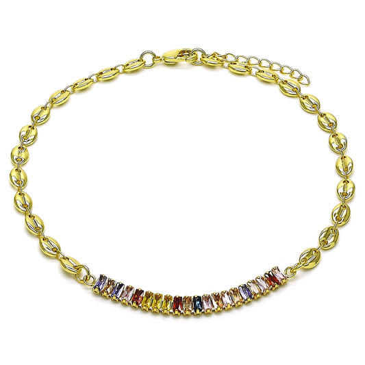 Oro Laminado Fancy Anklet, Gold Filled Style Puff Mariner and Baguette Design, with Multicolor Cubic Zirconia, Polished, Golden Finish
