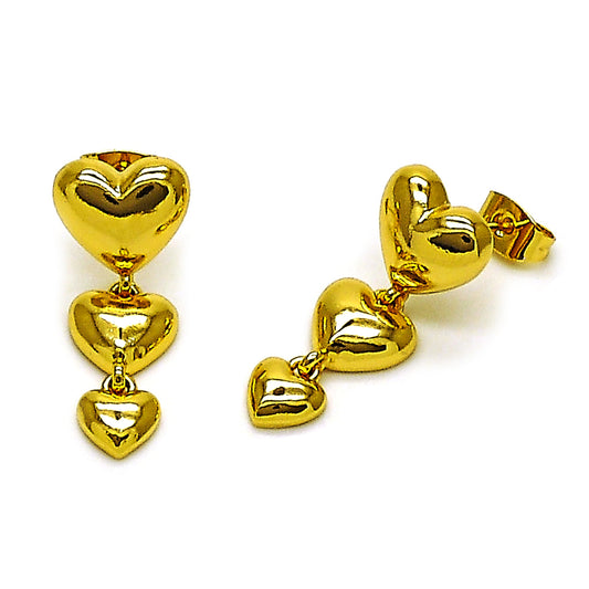 Gold Plated Gold Filled Oro Laminado Oro Laminado Long Earring, Gold Filled Style Heart Design, Polished, Golden 