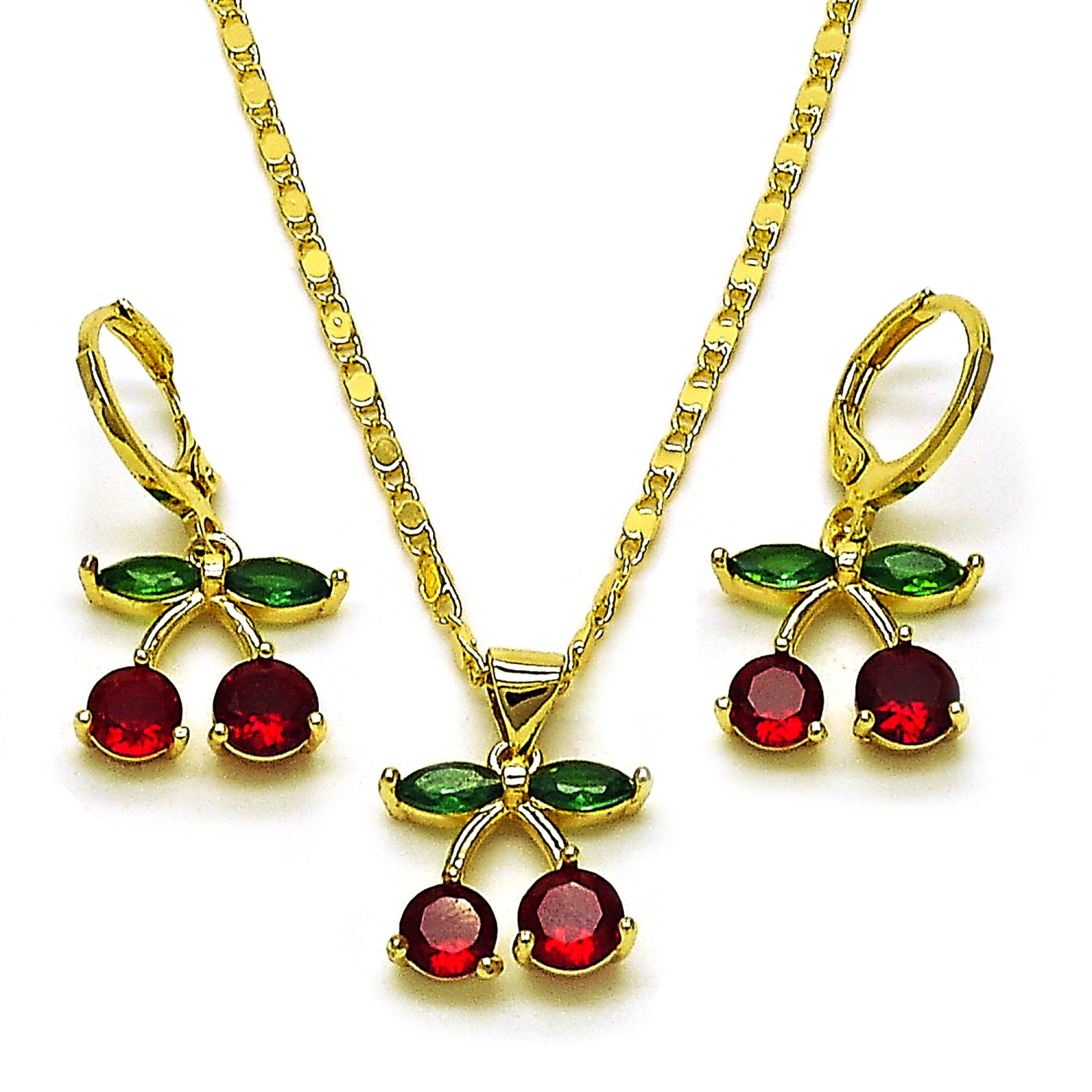 Oro Laminado Earring and Pendant Adult Set, Gold Filled Style Cherry Design, with Garnet and Green Cubic Zirconia, Polished, Golden Finish