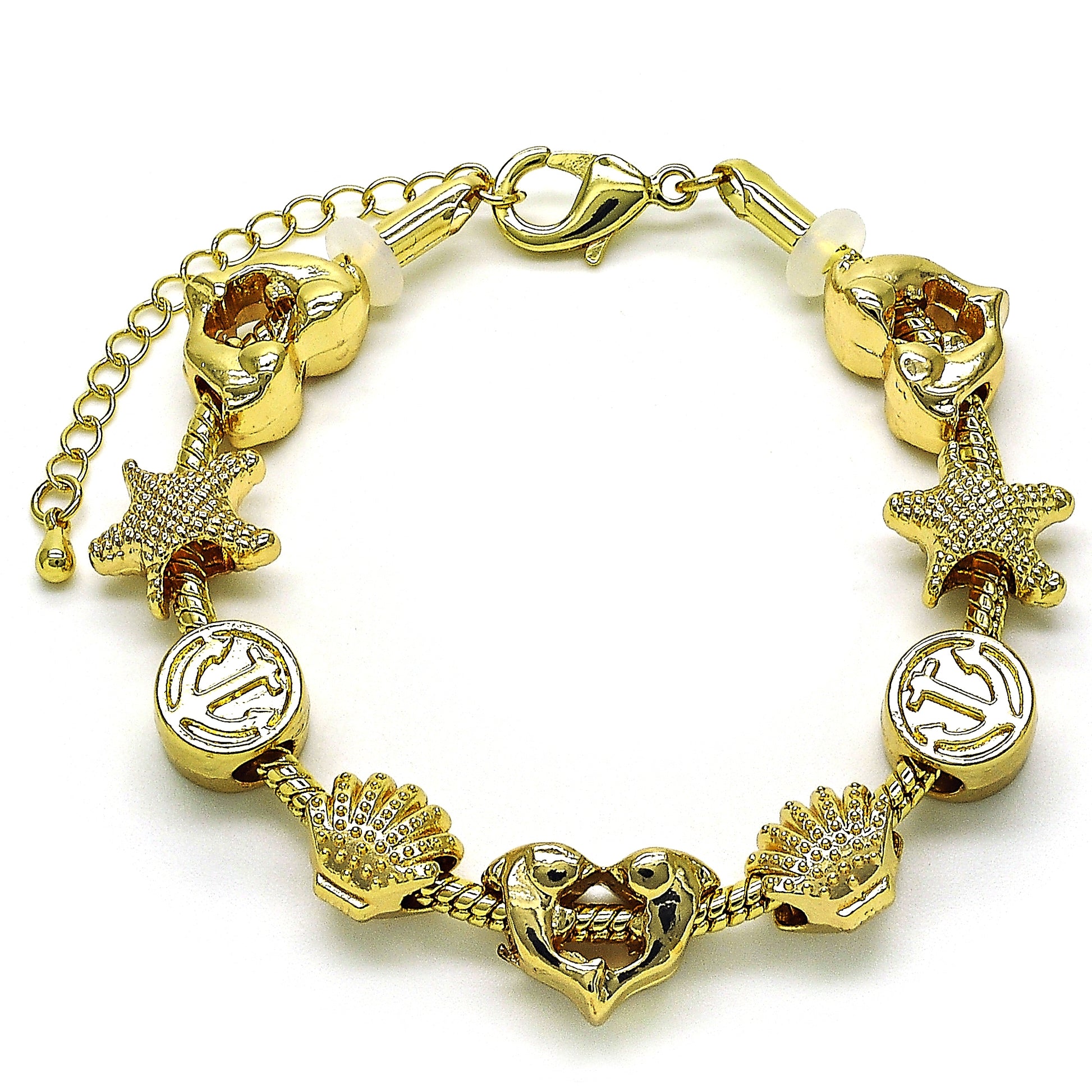 Oro Laminado Fancy Bracelet, Gold Filled Style Dolphin and Shell Design, Polished, Golden Finish