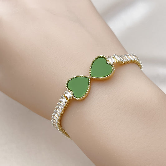 Oro Laminado Fancy Bracelet, Gold Filled Style Heart and Baguette Design, with Light Green Mother of Pearl and White Cubic Zirconia, Polished, Golden Finish