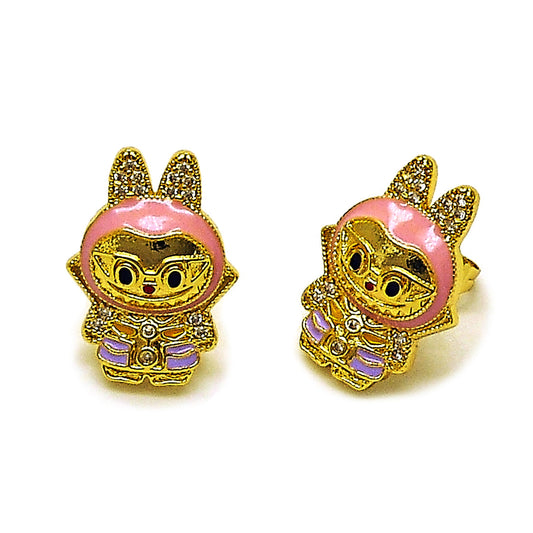 Oro Laminado Stud Earring, Gold Filled Style with White Cubic Zirconia, Pink Enamel Finish