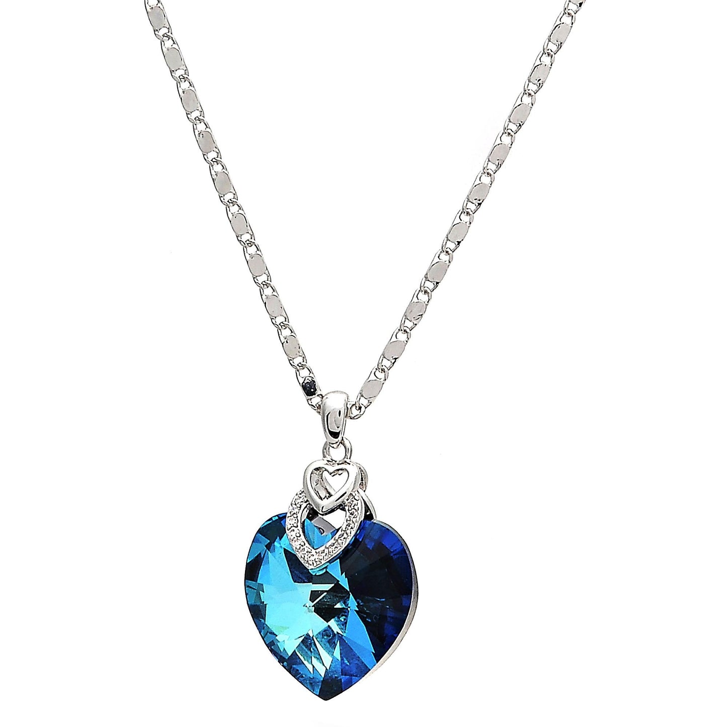 Rhodium Plated Pendant Necklace, Heart and Pave Mariner Design, with Bermuda Blue Swarovski Crystals and White Micro Pave, Polished, Rhodium Finish