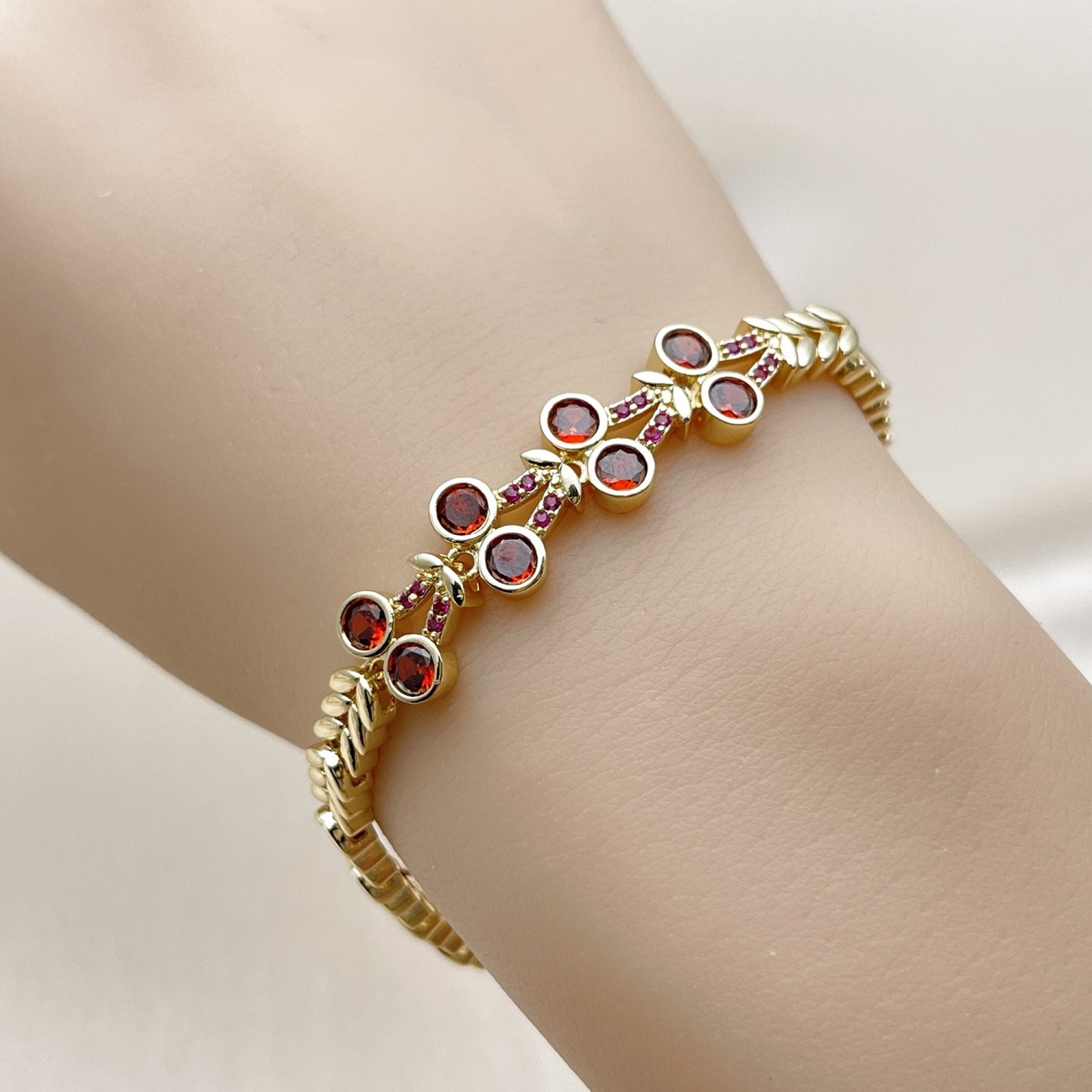 Oro Laminado Fancy Bracelet, Gold Filled Style Cherry Design, with White Cubic Zirconia and Ruby Micro Pave, Polished, Golden