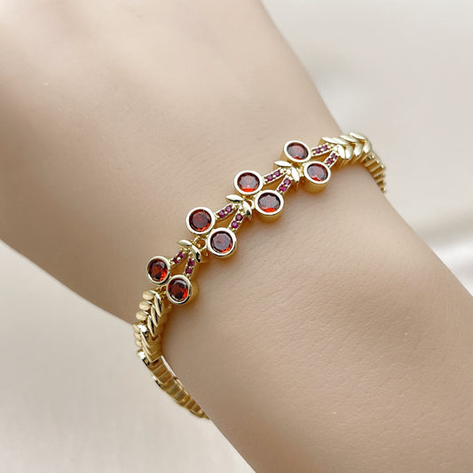 Oro Laminado Fancy Bracelet, Gold Filled Style Cherry Design, with White Cubic Zirconia and Ruby Micro Pave, Polished, Golden