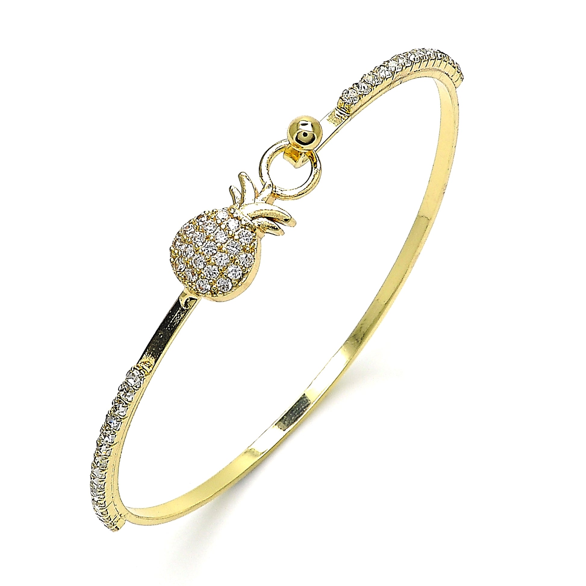 Oro Laminado Individual Bangle, Gold Filled Style Pineapple Design, with White Micro Pave and White Crystal, Polished, Golden Finish
