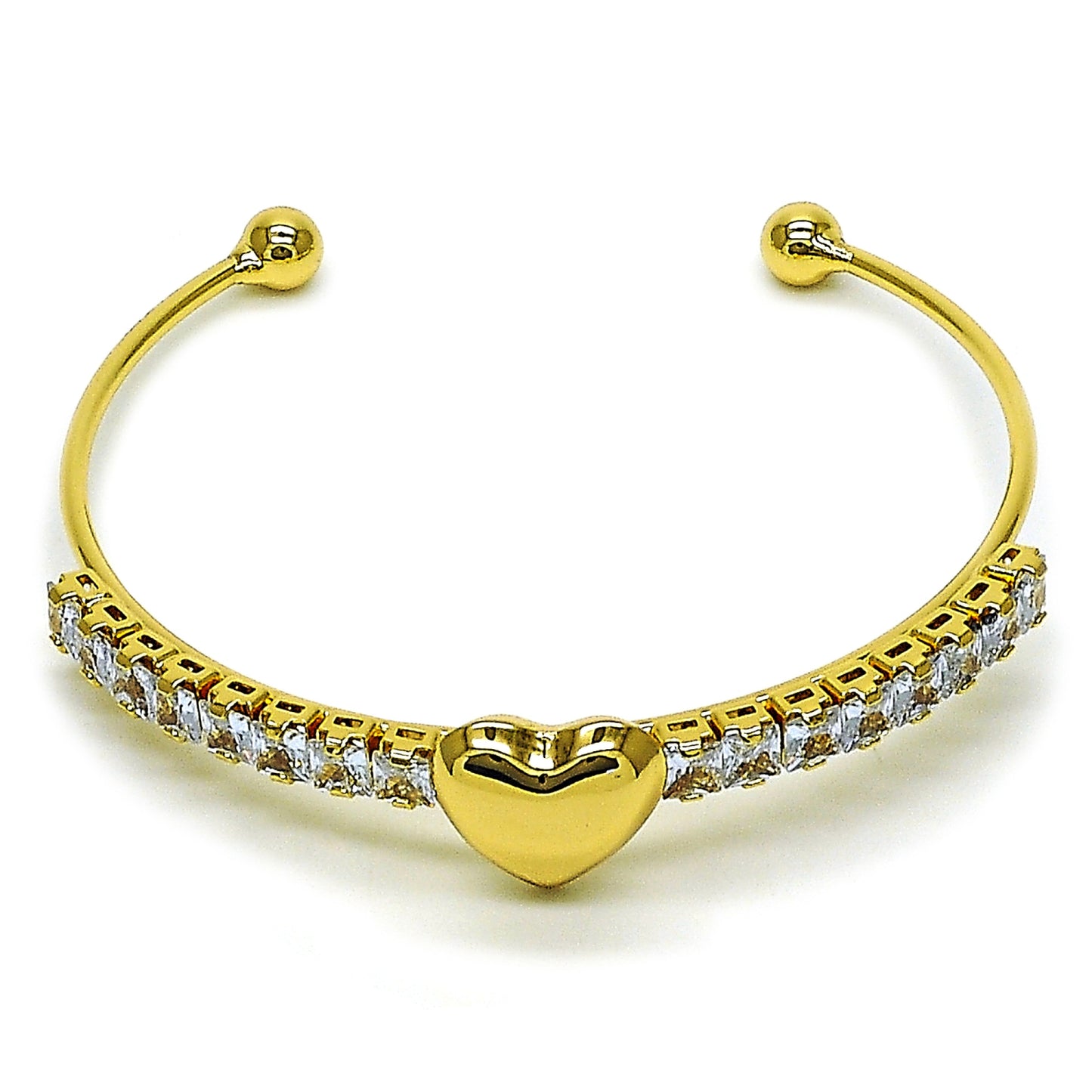 Gold Plated Gold Filled Oro Laminado Oro Laminado Individual Bangle, Gold Filled Style Heart and Baguette Design, with White Cubic Zirconia, Polished, Golden 