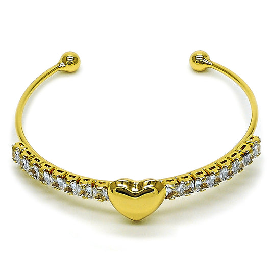 Gold Plated Gold Filled Oro Laminado Oro Laminado Individual Bangle, Gold Filled Style Heart and Baguette Design, with White Cubic Zirconia, Polished, Golden 