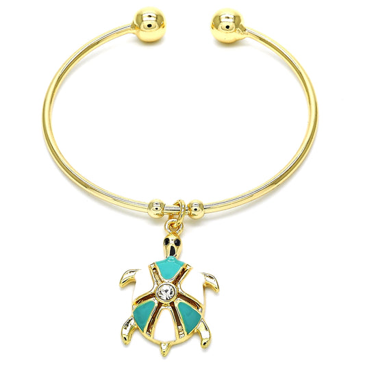 Gold Plated Gold Filled Oro Laminado Oro Laminado Individual Bangle, Gold Filled Style Turtle Design, with White Crystal, Turquoise Enamel 