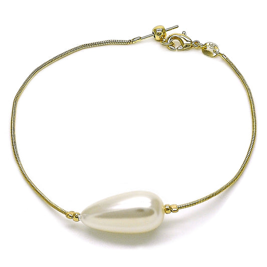 Gold Plated Gold Filled Oro Laminado Oro Laminado Fancy Bracelet, Gold Filled Style Teardrop and Rat Tail Design, with Ivory Pearl, Polished, Golden 