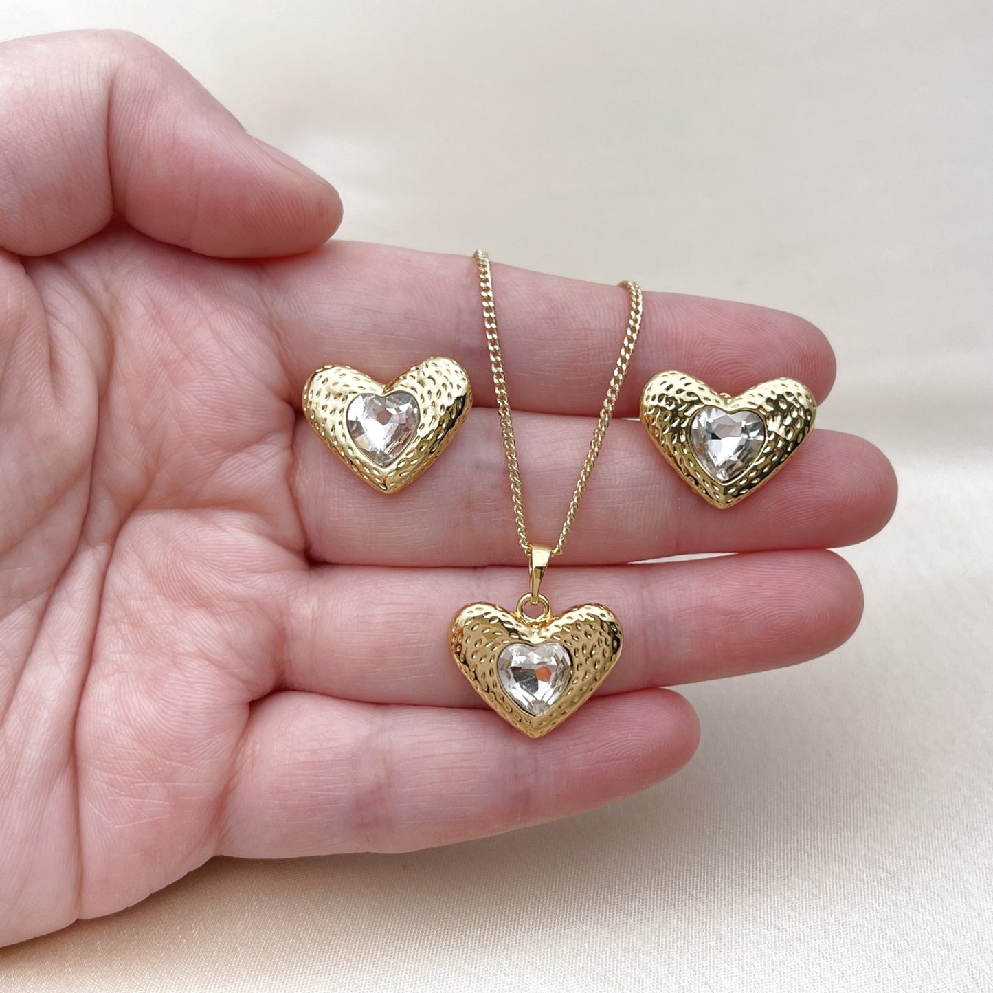 Oro Laminado Earring and Pendant Adult Set, Gold Filled Style Heart Design, with White Crystal, Polished, Golden