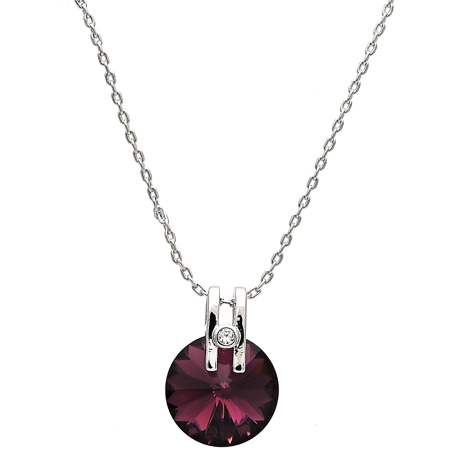 Rhodium Plated Pendant Necklace, with Amethyst Swarovski Crystals and White Micro Pave, Polished, Rhodium Finish