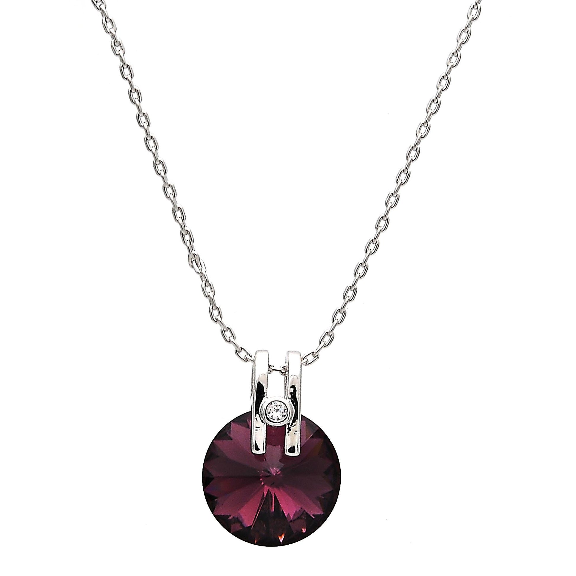 Rhodium Plated Pendant Necklace, with Amethyst Swarovski Crystals and White Micro Pave, Polished, Rhodium Finish