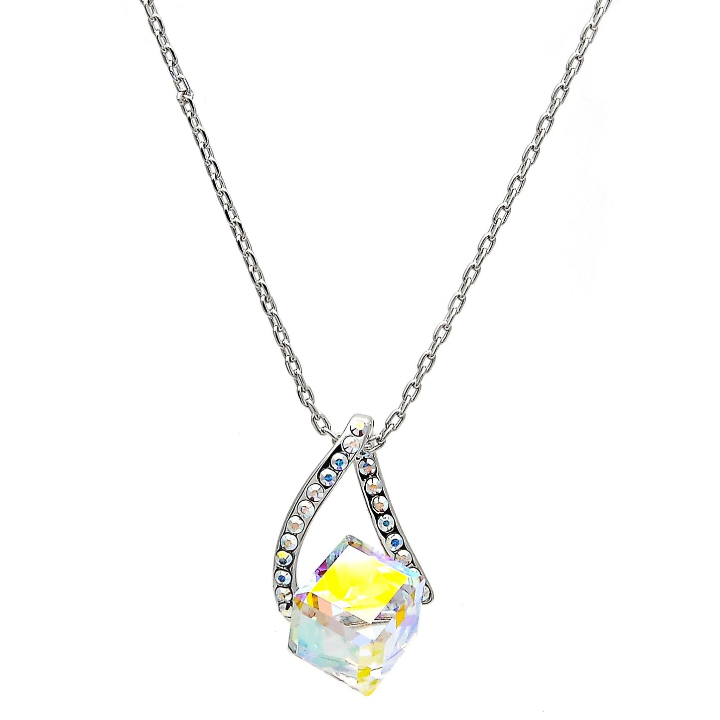 Rhodium Plated Pendant Necklace, with Aurore Boreale and Aurore Boreale Swarovski Crystals, Polished, Rhodium Finish