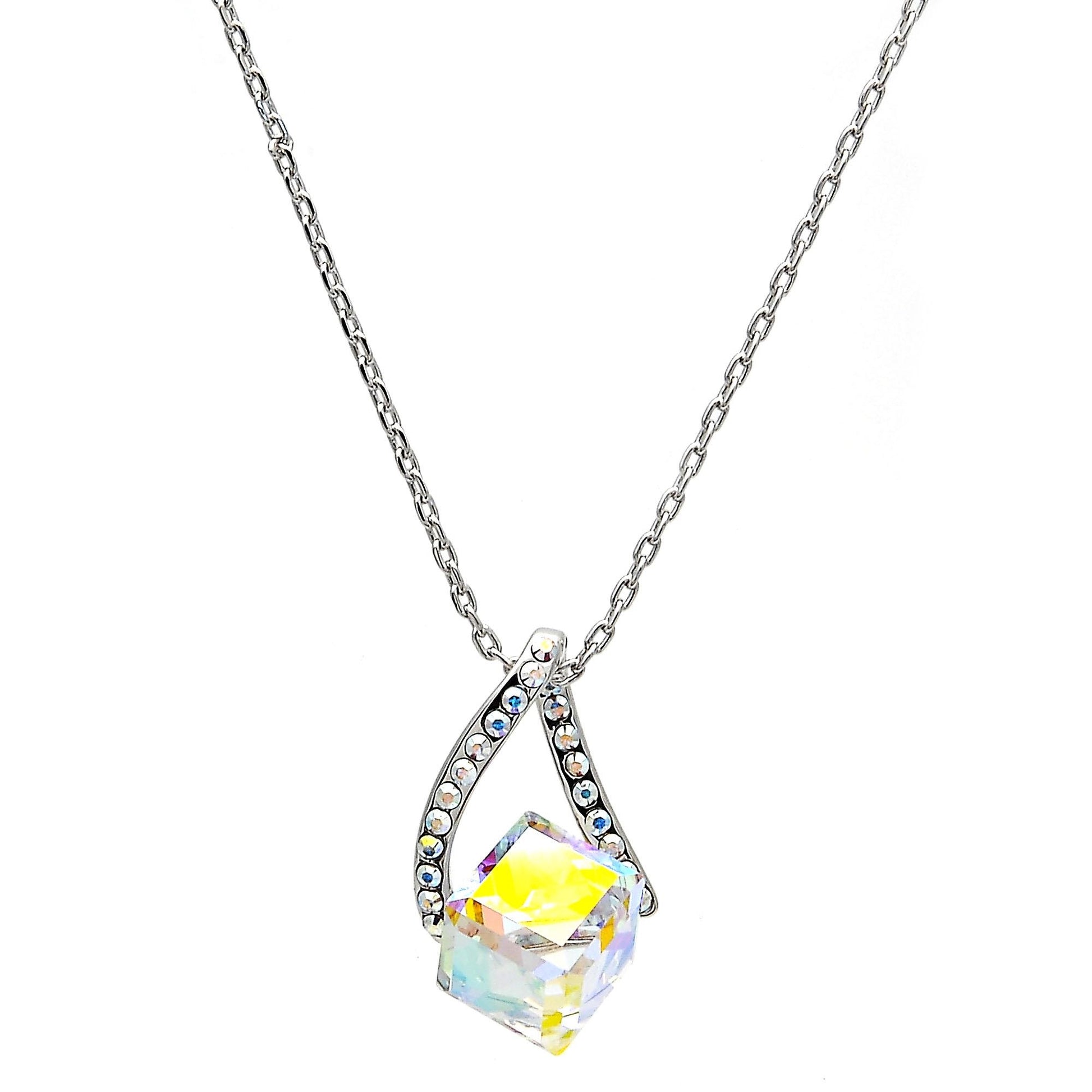 Rhodium Plated Pendant Necklace, with Aurore Boreale and Aurore Boreale Swarovski Crystals, Polished, Rhodium Finish