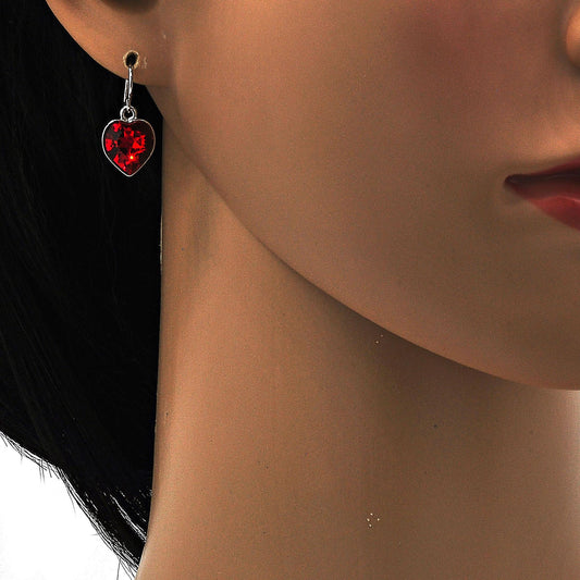 Rhodium Plated Dangle Earring, Heart Design, with Light Siam Swarovski Crystals, Polished, Rhodium