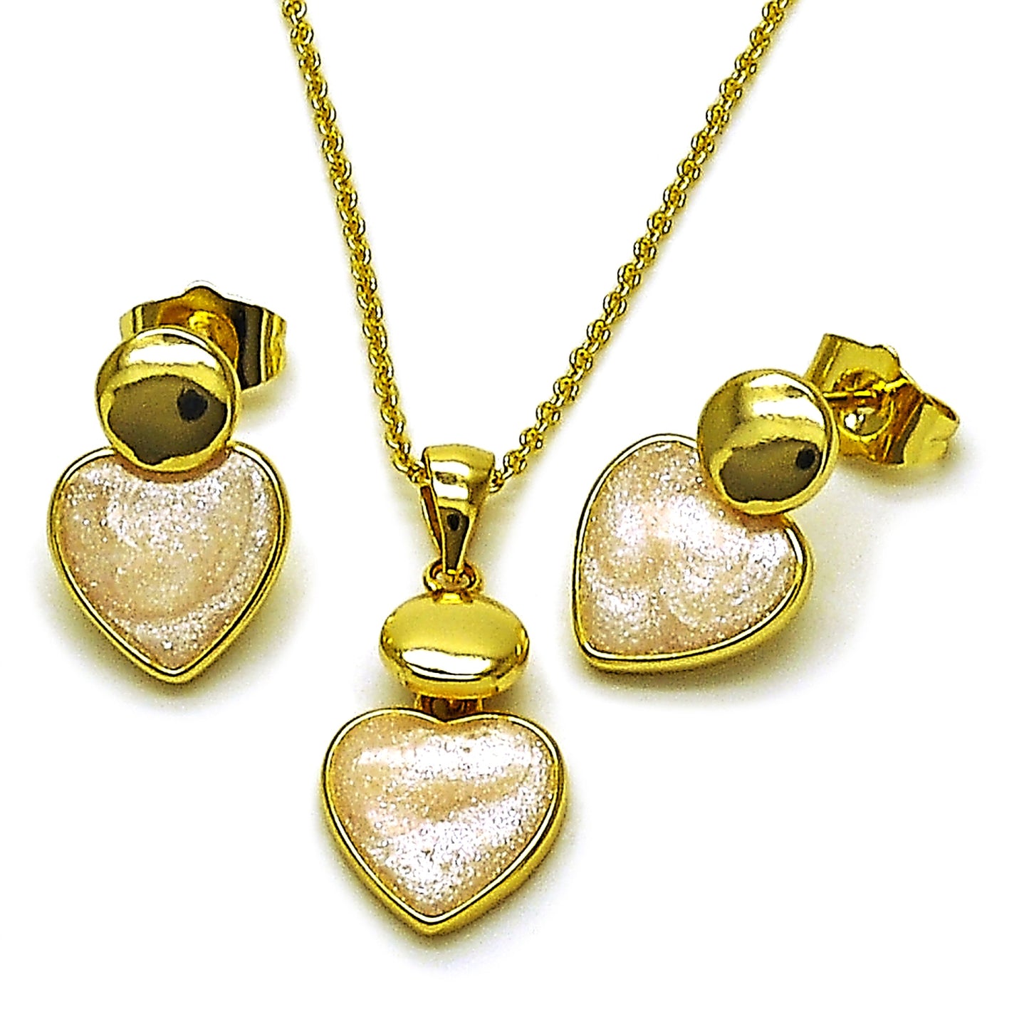 Gold Plated Gold Filled Oro Laminado Oro Laminado Earring and Pendant Adult Set, Gold Filled Style Heart Design, White Enamel 