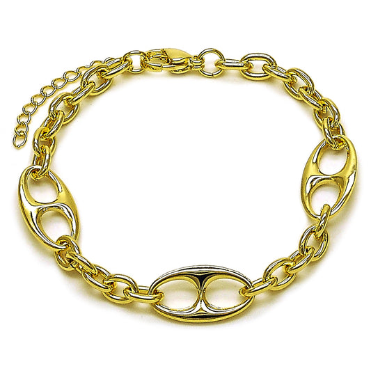 Oro Laminado Fancy Bracelet, Gold Filled Style Mariner and Rolo Design, Polished, Golden Finish