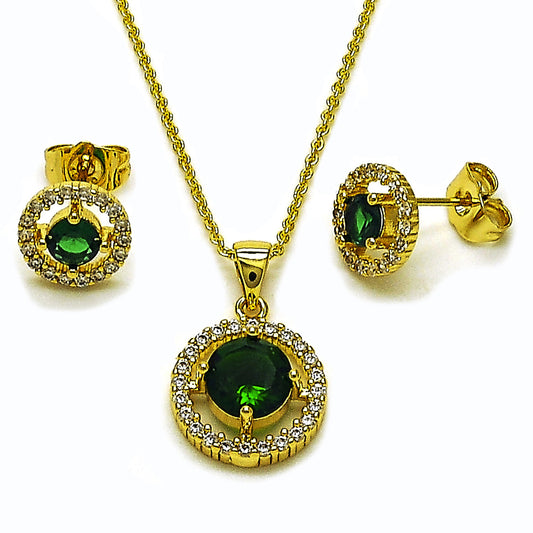 Oro Laminado Earring and Pendant Adult Set, Gold Filled Style Cluster Design, with Green and White Cubic Zirconia, Polished, Golden Finish