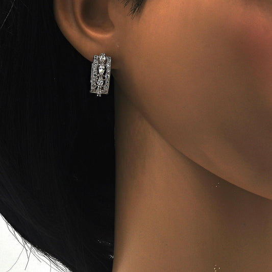 Rhodium Plated Huggie Hoop, with White Cubic Zirconia, Polished, Rhodium Finish