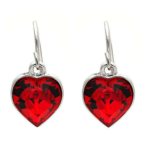 Rhodium Plated Dangle Earring, Heart Design, with Light Siam Swarovski Crystals, Polished, Rhodium