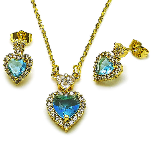 Gold Plated Gold Filled Oro Laminado Oro Laminado Earring and Pendant Adult Set, Gold Filled Style Heart and Cluster Design, with Indicolite and White Cubic Zirconia, Polished, Golden 
