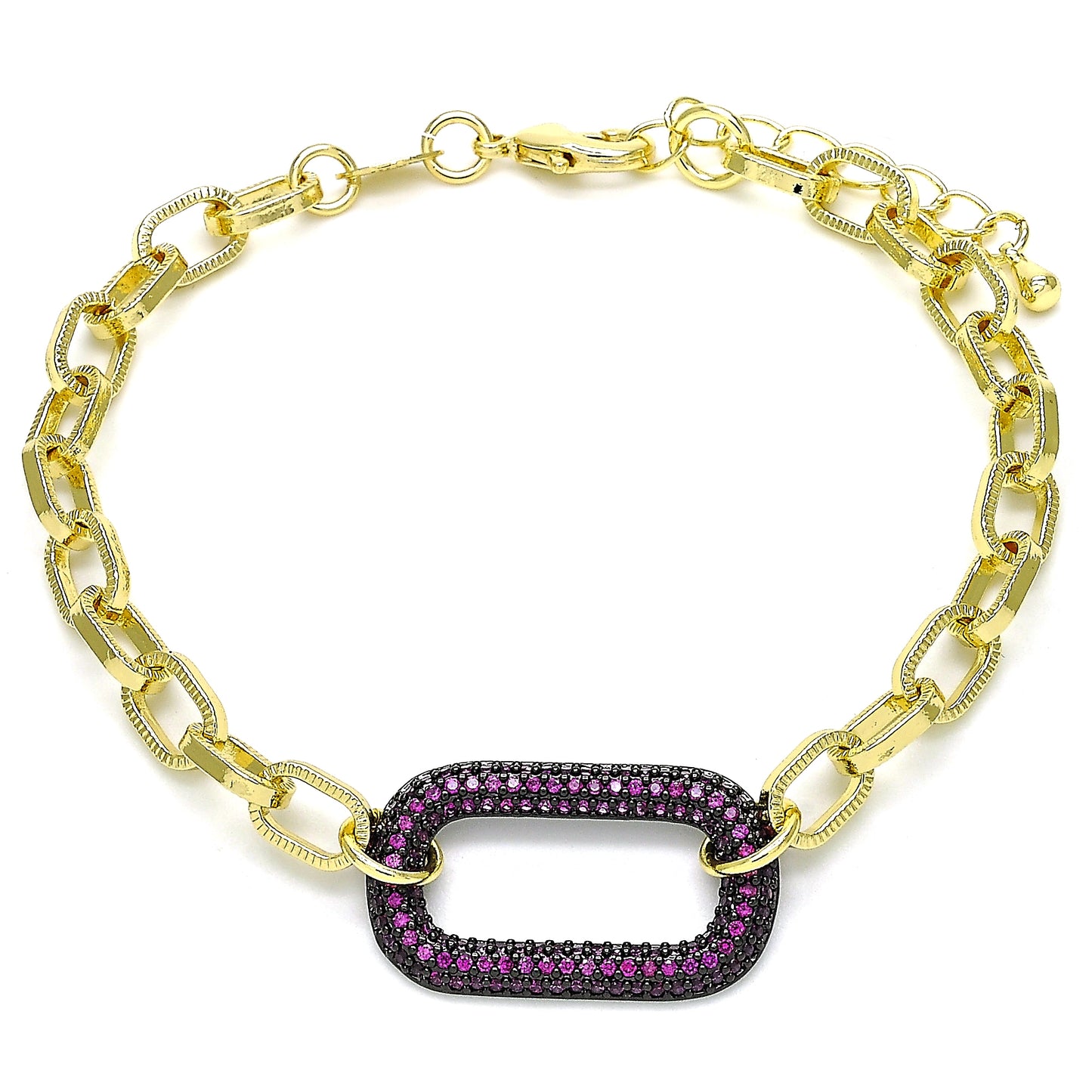 Oro Laminado Fancy Bracelet, Gold Filled Style Paperclip Design, with Ruby Micro Pave, Polished, Black Rhodium Finish