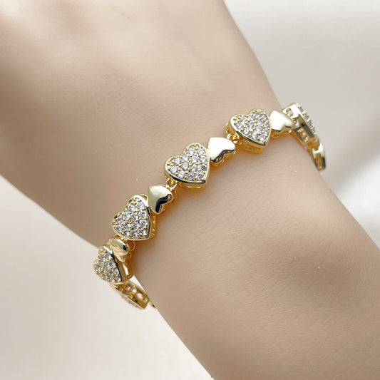 Oro Laminado Tennis Bracelet, Gold Filled Style Heart Design, with White Cubic Zirconia, Polished, Golden Finish