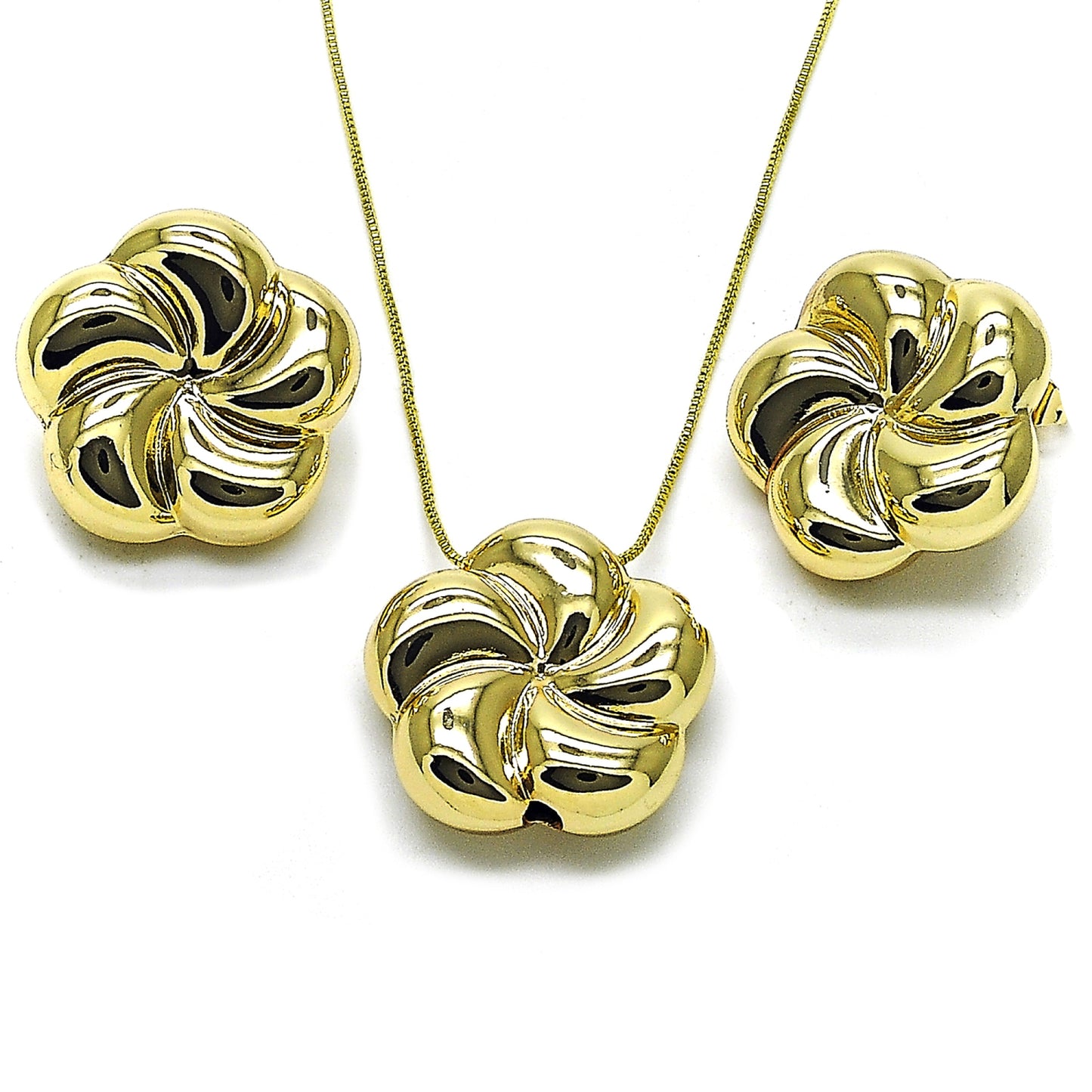 Gold Plated Gold Filled Oro Laminado Oro Laminado Earring and Pendant Adult Set, Gold Filled Style Flower and Hollow Design, Polished, Golden 