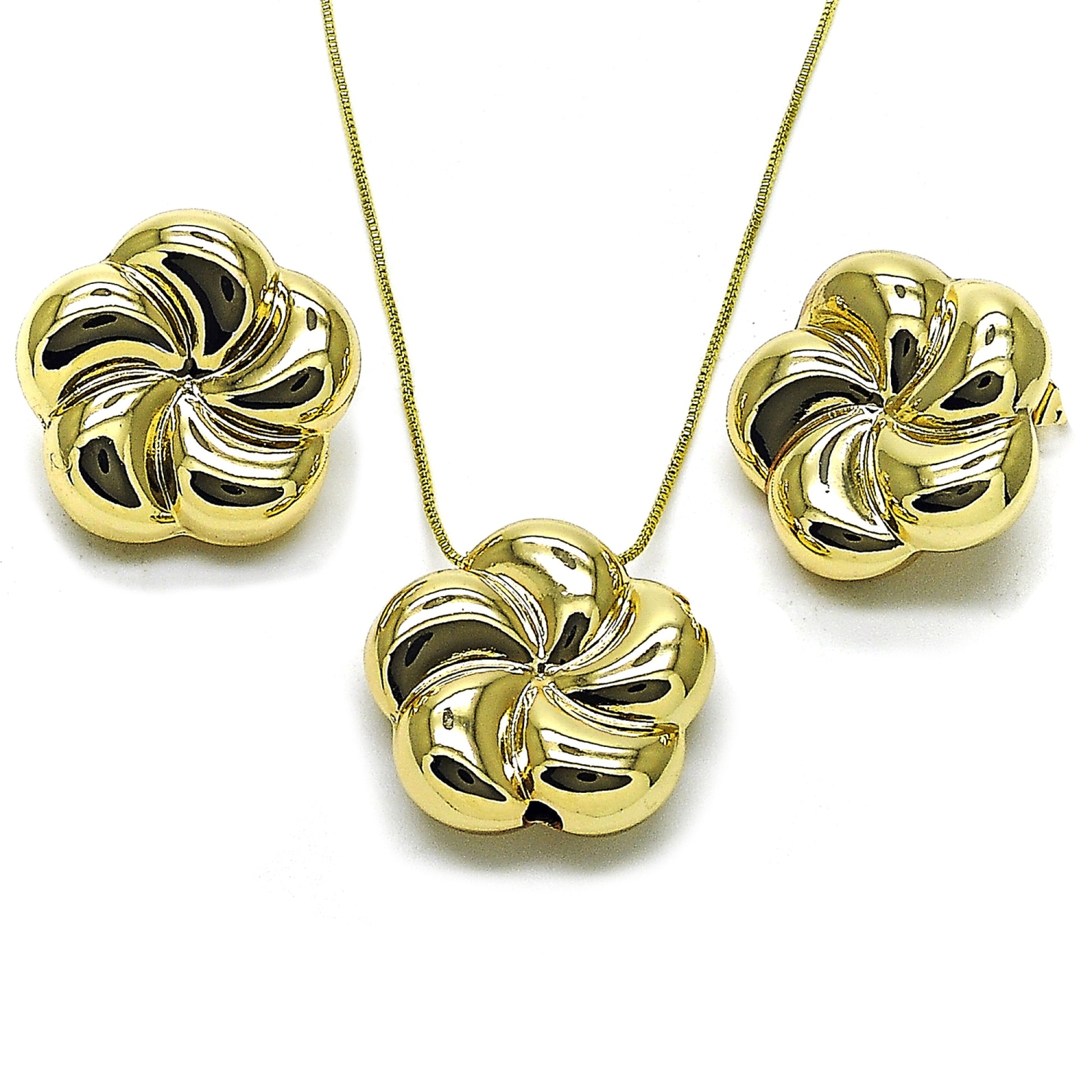 Gold Plated Gold Filled Oro Laminado Oro Laminado Earring and Pendant Adult Set, Gold Filled Style Flower and Hollow Design, Polished, Golden 