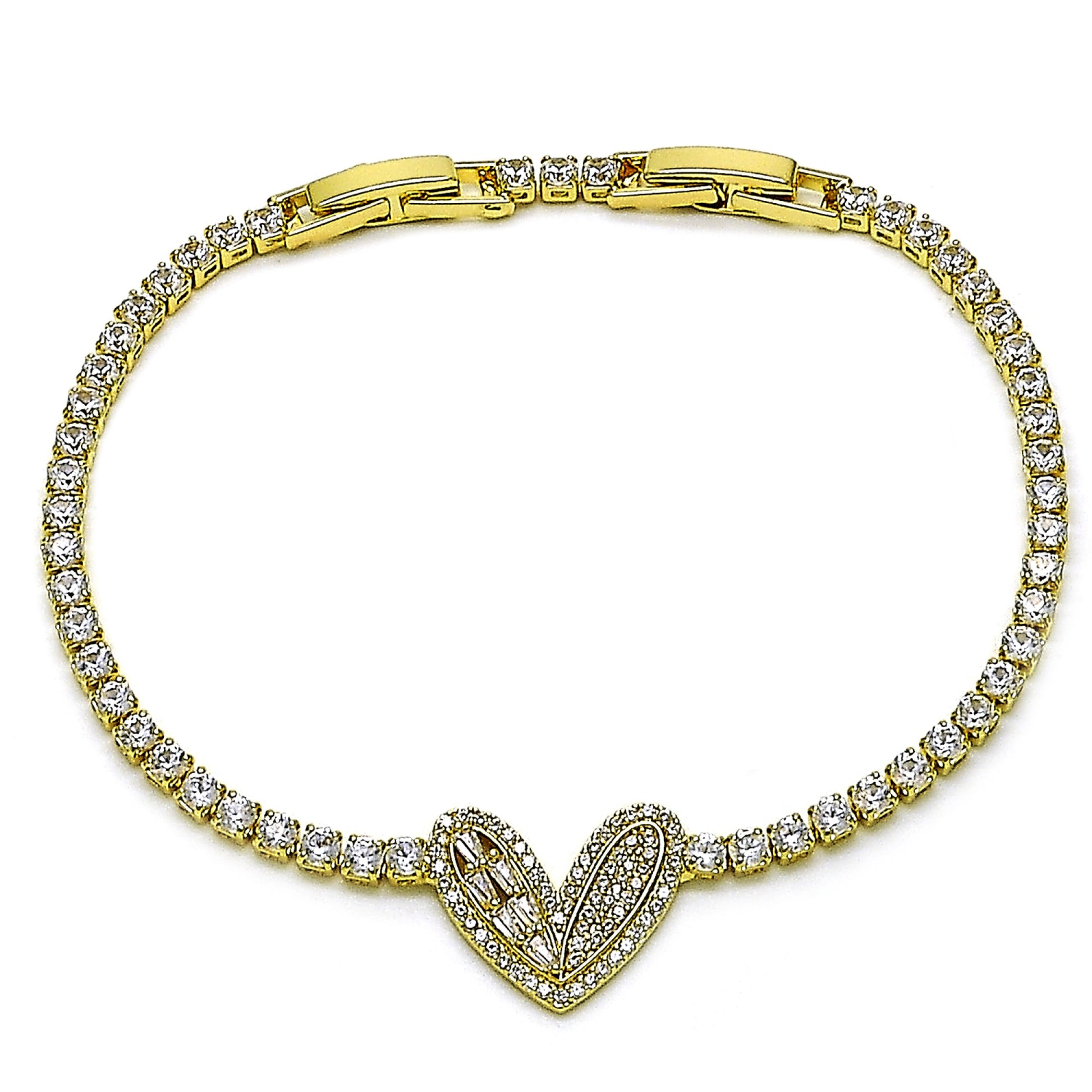 Gold Plated Gold Filled Oro Laminado Oro Laminado Fancy Bracelet, Gold Filled Style Heart and Baguette Design, with White Cubic Zirconia and White Micro Pave, Polished, Golden 