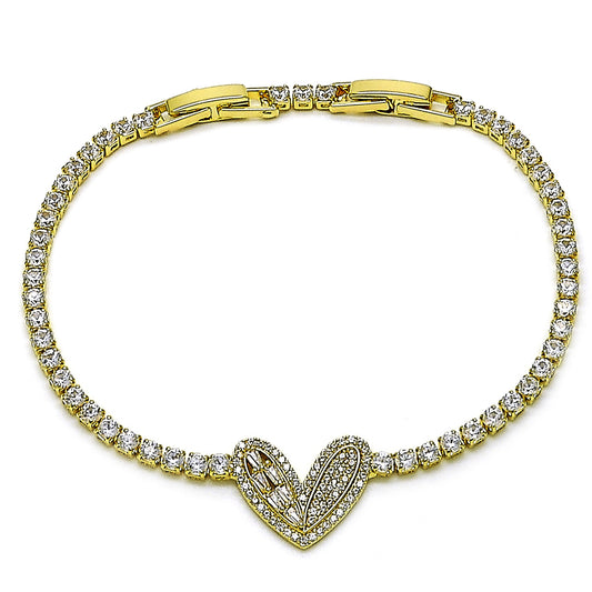 Gold Plated Gold Filled Oro Laminado Oro Laminado Fancy Bracelet, Gold Filled Style Heart and Baguette Design, with White Cubic Zirconia and White Micro Pave, Polished, Golden 