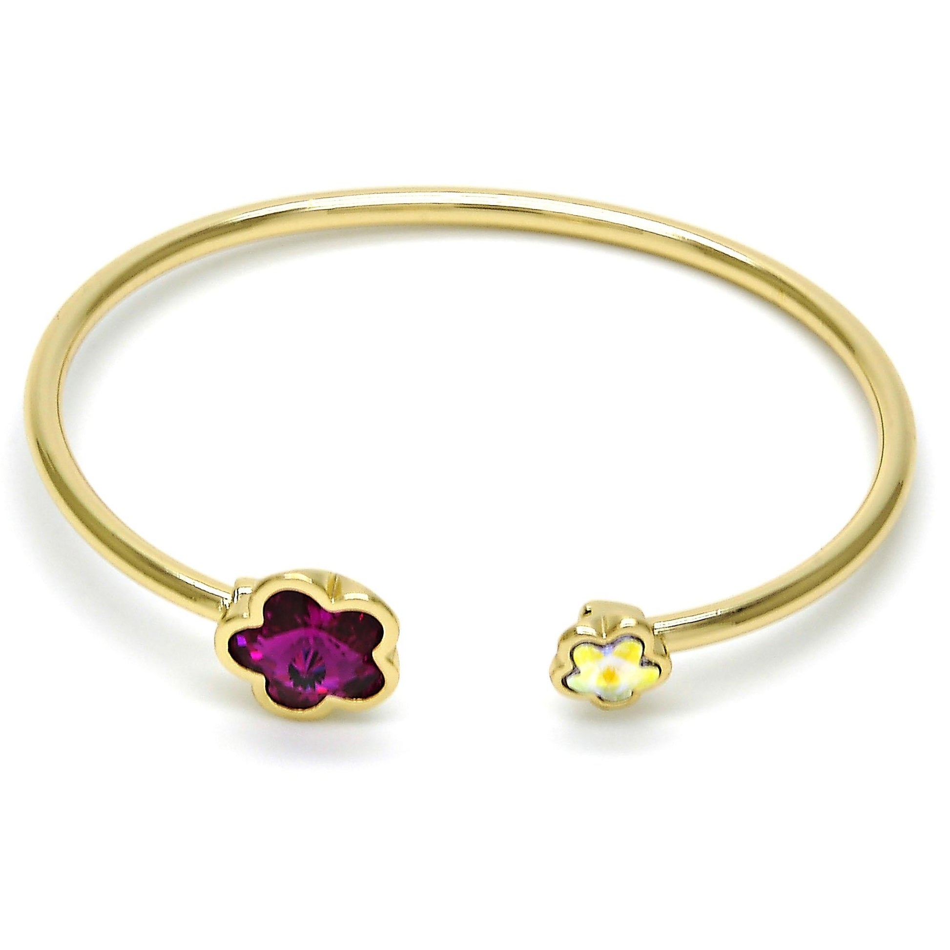 Oro Laminado Individual Bangle, Gold Filled Style Flower Design, with Fuchsia and Aurore Boreale Swarovski Crystals, Polished, Golden Finish