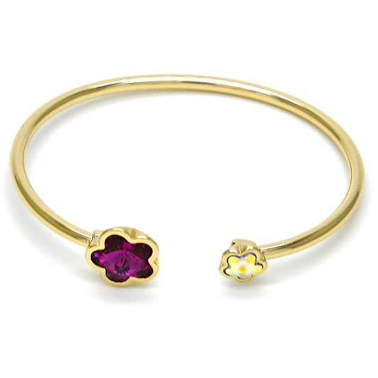 Oro Laminado Individual Bangle, Gold Filled Style Flower Design, with Fuchsia and Aurore Boreale Swarovski Crystals, Polished, Golden Finish