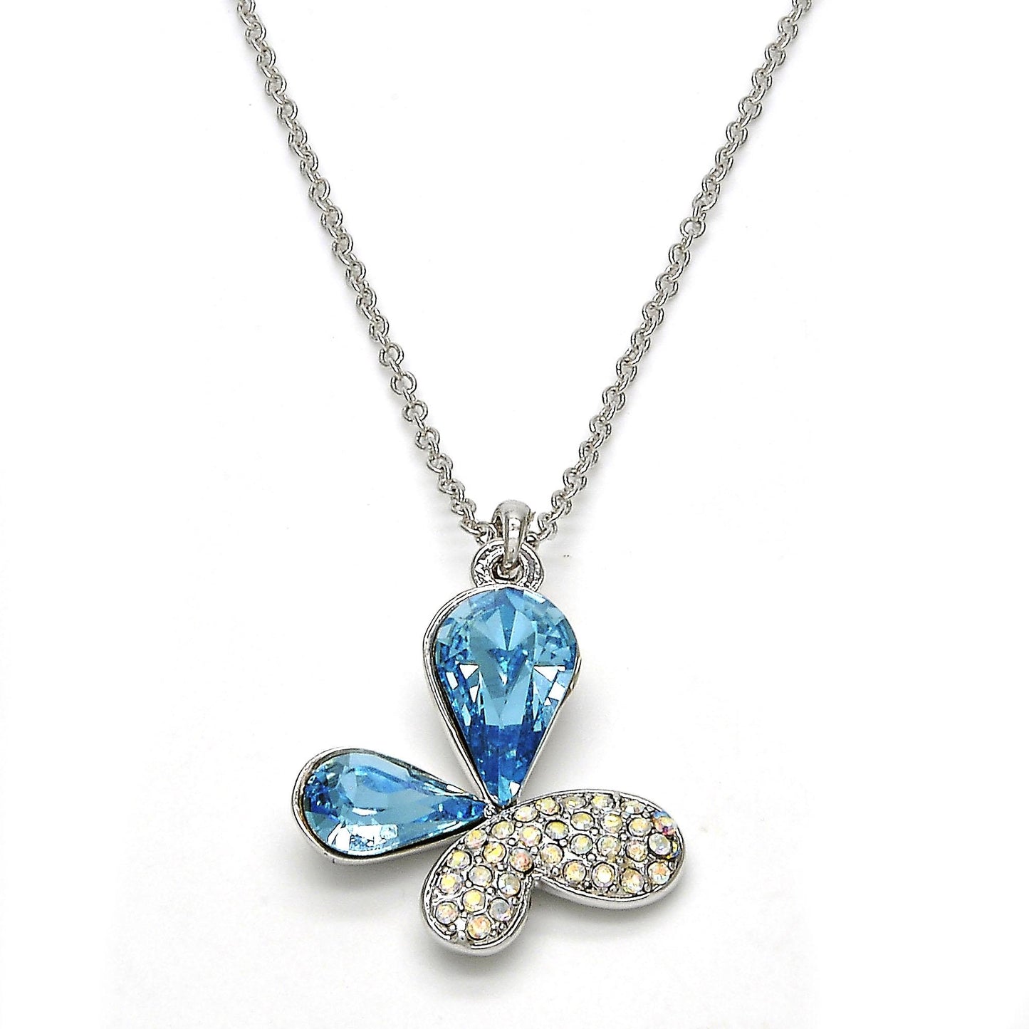 Rhodium Plated Pendant Necklace, Butterfly Design, with Aquamarine and Aurore Boreale Swarovski Crystals, Polished, Rhodium Finish