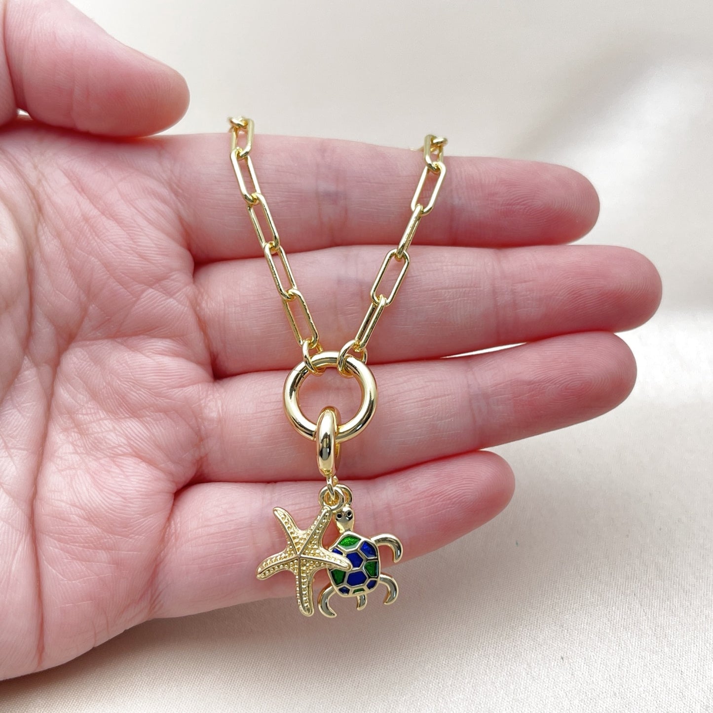 Oro Laminado Fancy Necklace, Gold Filled Style Turtle and Star Design, Blue Enamel Finish