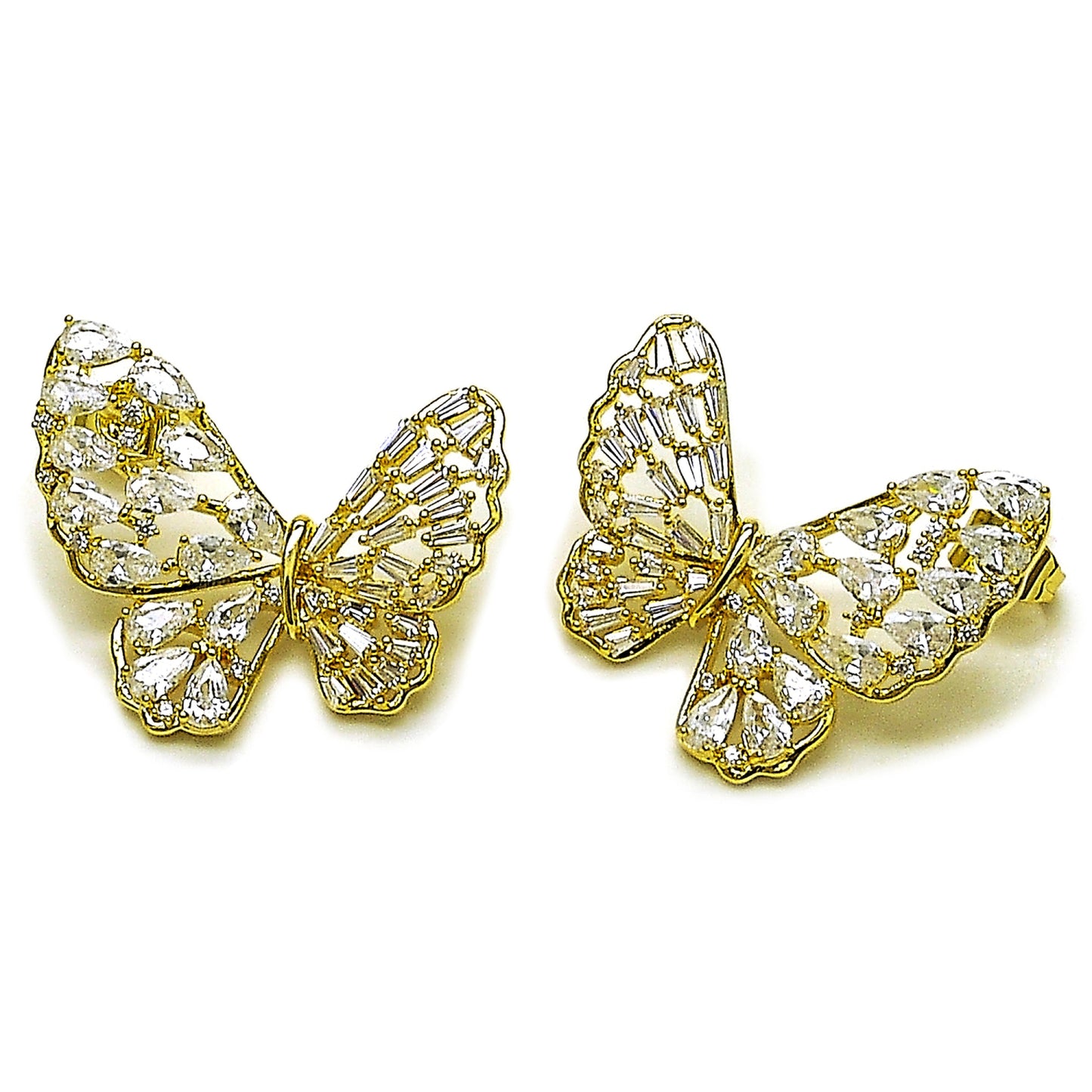 Gold Plated Gold Filled Oro Laminado Oro Laminado Stud Earring, Gold Filled Style Butterfly and Teardrop Design, with White Cubic Zirconia, Polished, Golden 