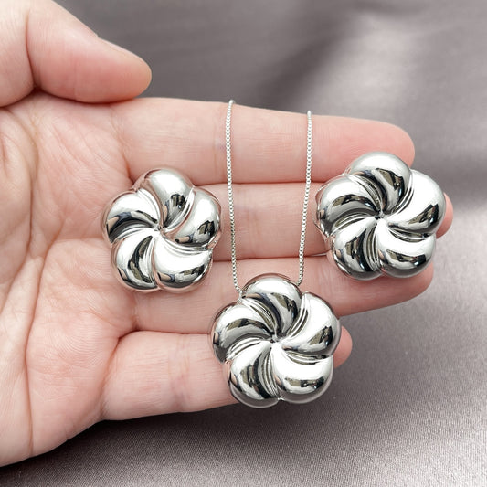 Rhodium Plated Earring and Pendant Adult Set, Flower and Hollow Design, Polished, Rhodium