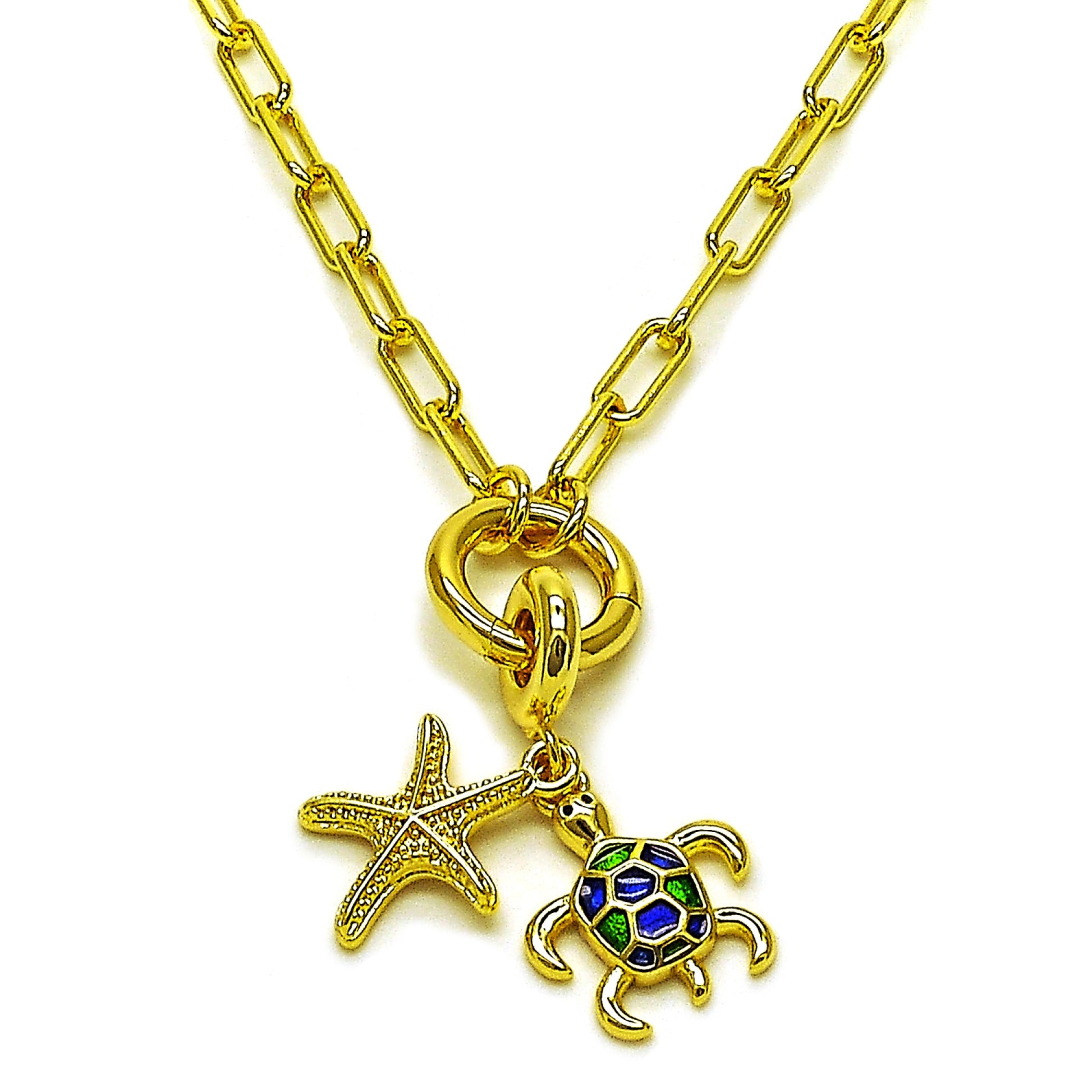 Oro Laminado Fancy Necklace, Gold Filled Style Turtle and Star Design, Blue Enamel Finish