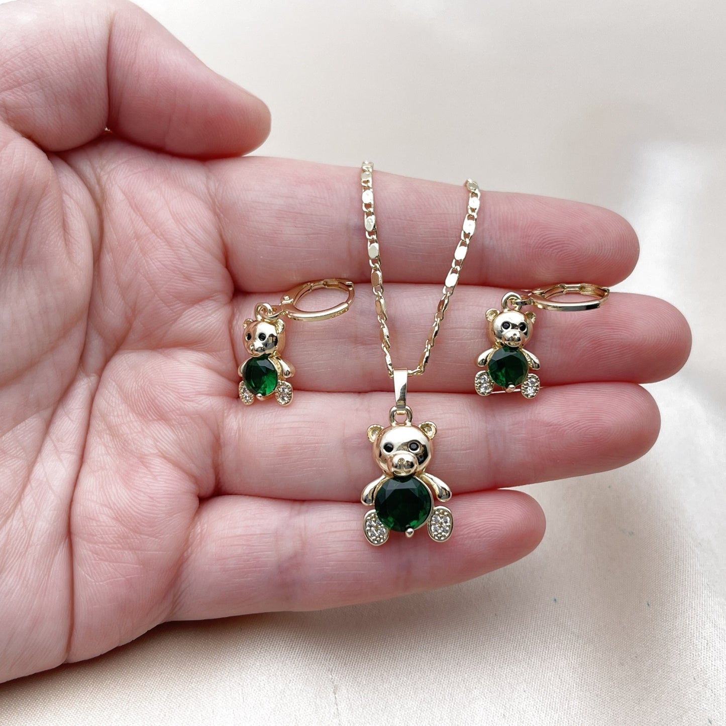 Oro Laminado Earring and Pendant Adult Set, Gold Filled Style Teddy Bear Design, with Green and White Cubic Zirconia, Polished, Golden