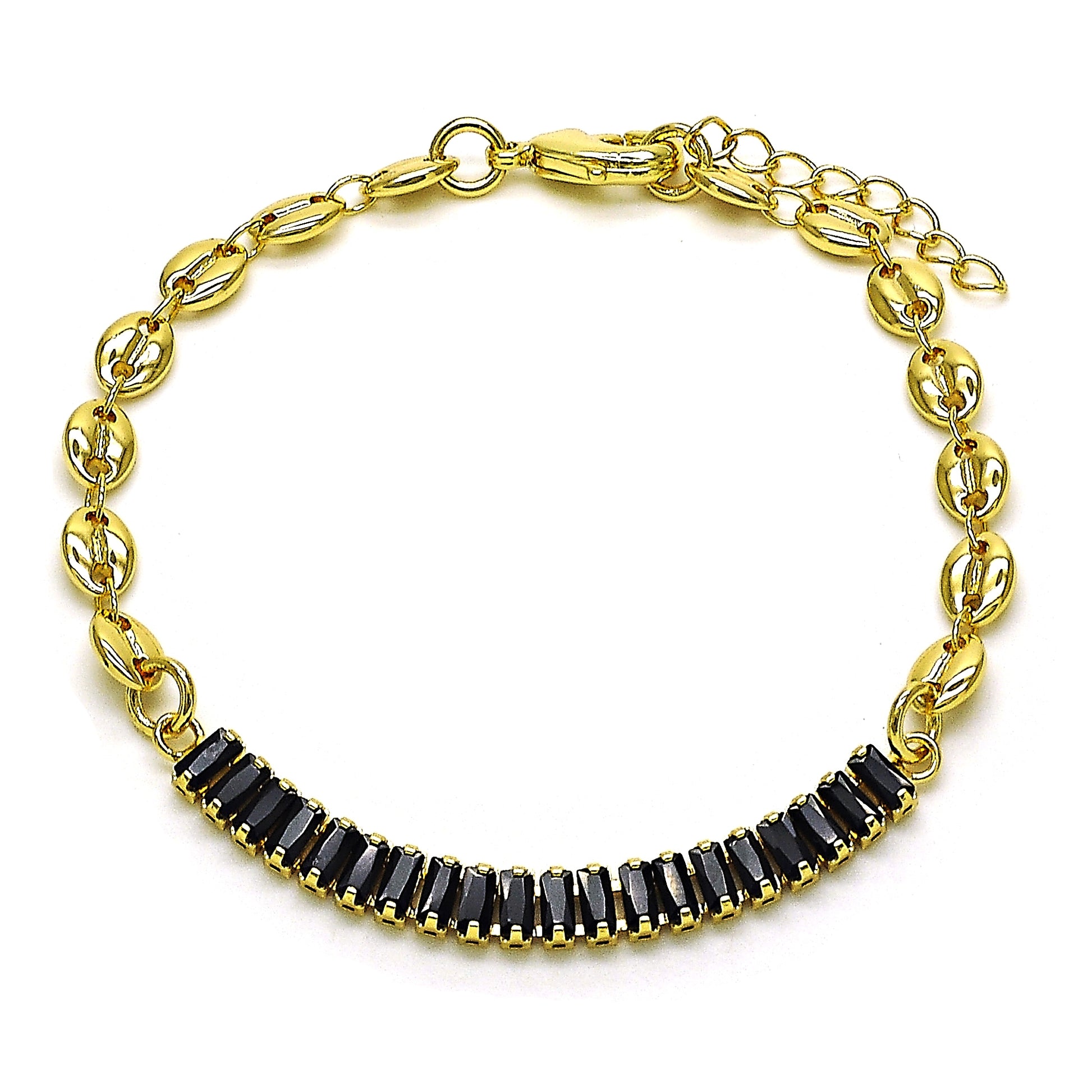Oro Laminado Fancy Bracelet, Gold Filled Style Puff Mariner Design, with Black Cubic Zirconia, Polished, Golden Finish