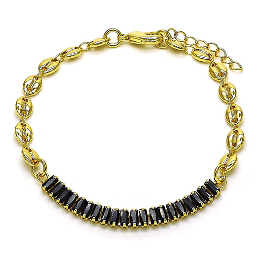Oro Laminado Fancy Bracelet, Gold Filled Style Puff Mariner Design, with Black Cubic Zirconia, Polished, Golden Finish