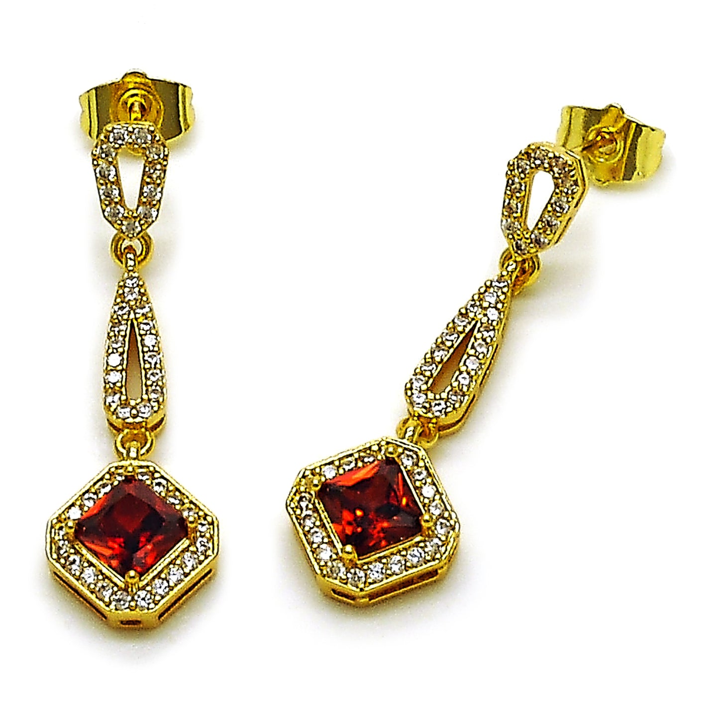 Gold Plated Gold Filled Oro Laminado Oro Laminado Long Earring, Gold Filled Style Cluster Design, with Garnet Cubic Zirconia and White Micro Pave, Polished, Golden 