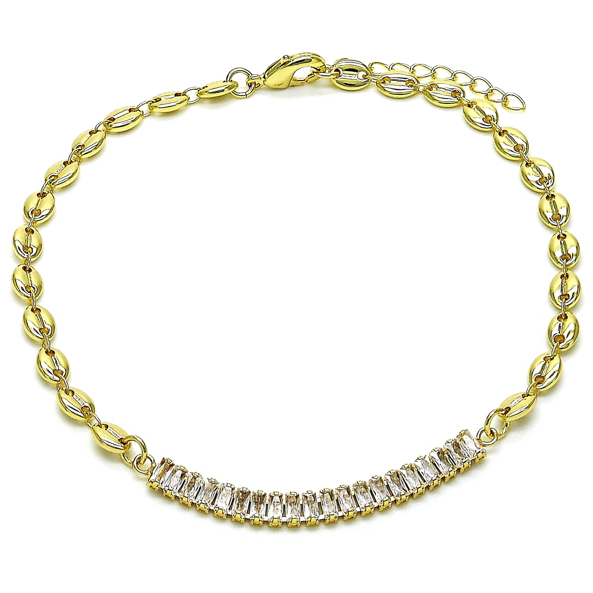 Oro Laminado Fancy Anklet, Gold Filled Style Puff Mariner and Baguette Design, with White Cubic Zirconia, Polished, Golden Finish