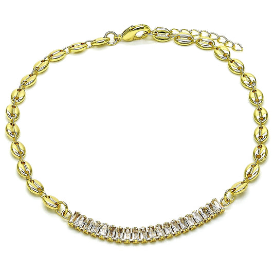 Oro Laminado Fancy Anklet, Gold Filled Style Puff Mariner and Baguette Design, with White Cubic Zirconia, Polished, Golden Finish