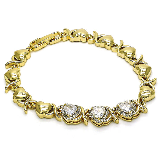 Gold Plated Gold Filled Oro Laminado Oro Laminado Fancy Bracelet, Gold Filled Style Hugs and Kisses and Heart Design, with White Cubic Zirconia and White Micro Pave, Polished, Golden 