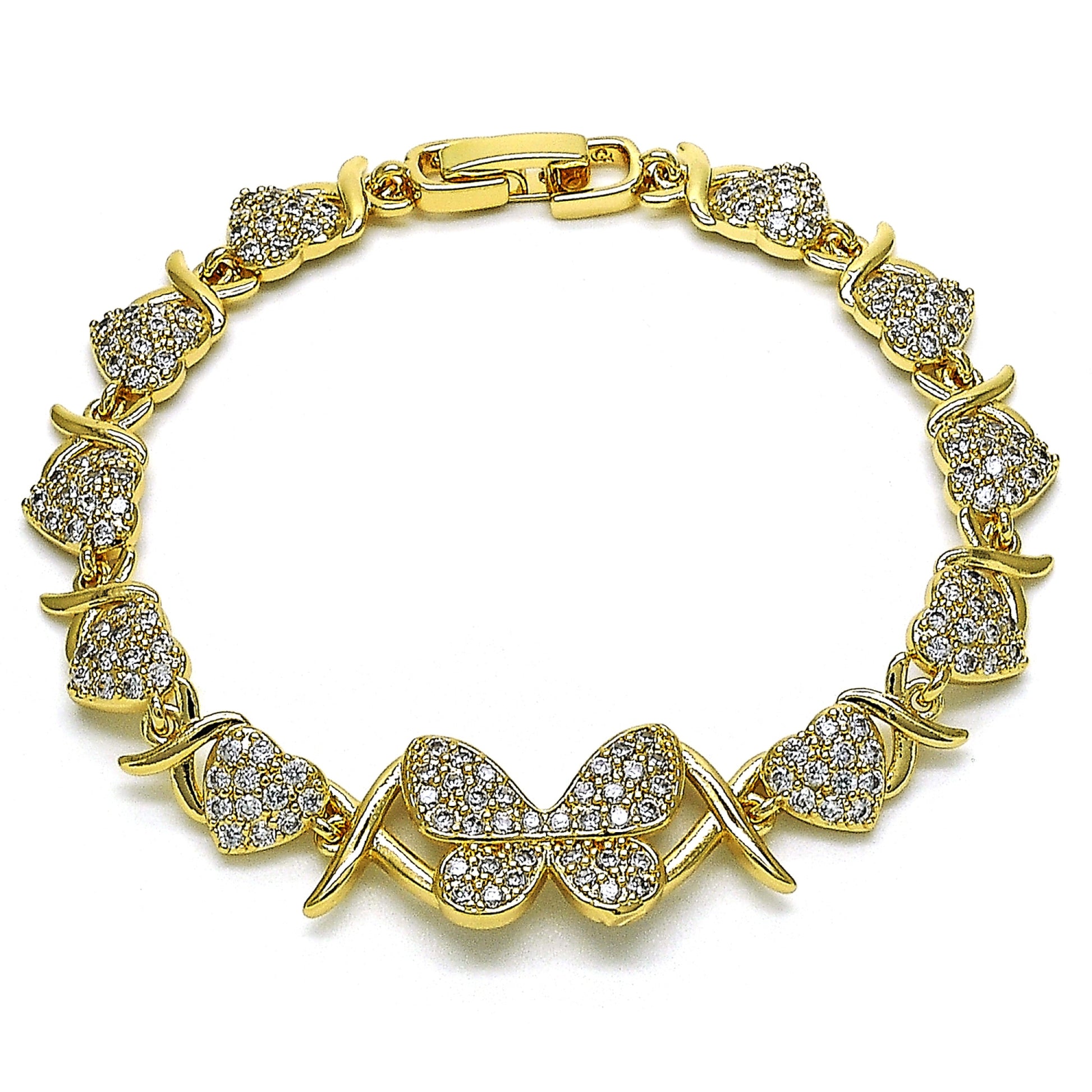 Gold Plated Gold Filled Oro Laminado Oro Laminado Fancy Bracelet, Gold Filled Style Hugs and Kisses and Butterfly Design, with White Micro Pave, Polished, Golden 