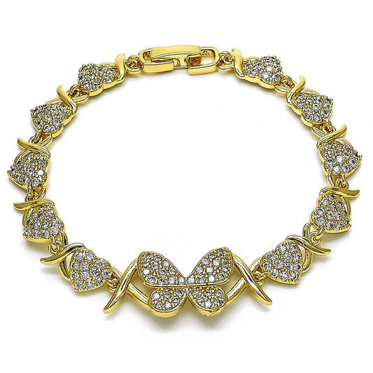 Gold Plated Gold Filled Oro Laminado Oro Laminado Fancy Bracelet, Gold Filled Style Hugs and Kisses and Butterfly Design, with White Micro Pave, Polished, Golden 