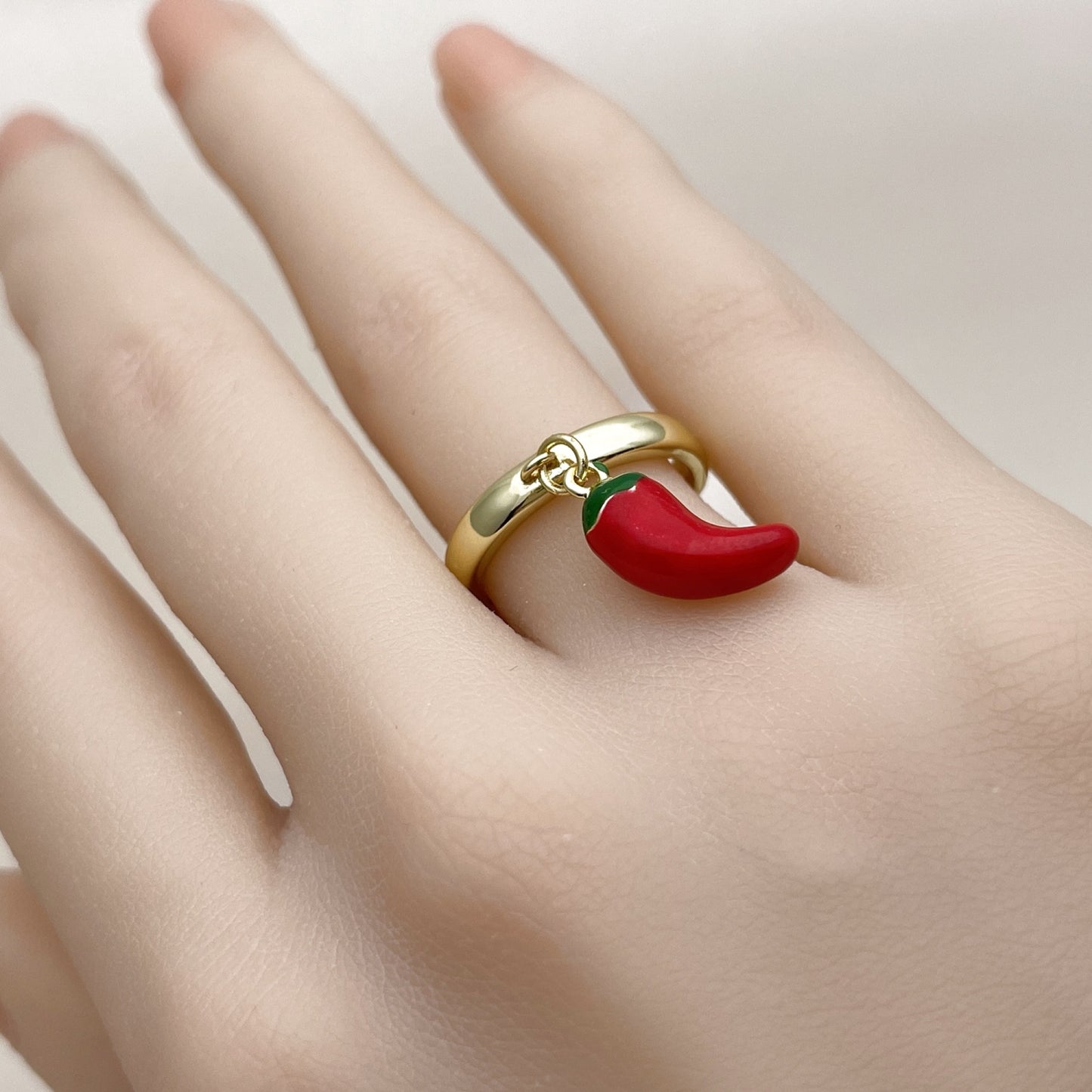 Oro Laminado Elegant Ring, Gold Filled Style Chili Design, Red Enamel Finish